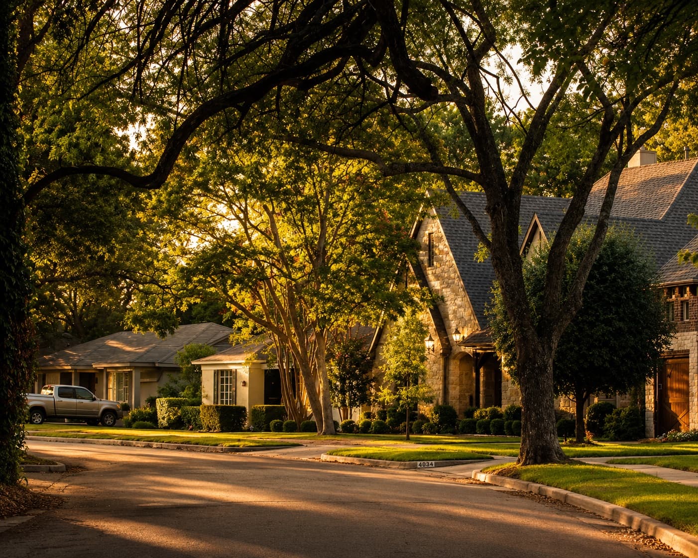A leafy, tree-canopied master-planned community street at golden hour near Austin, Texas