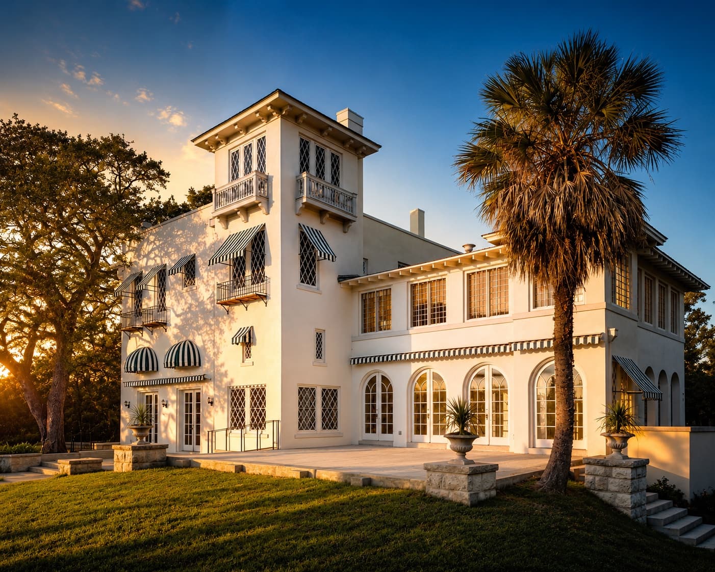 An elegant white home with arched windows and a palm at golden hour in the Austin area