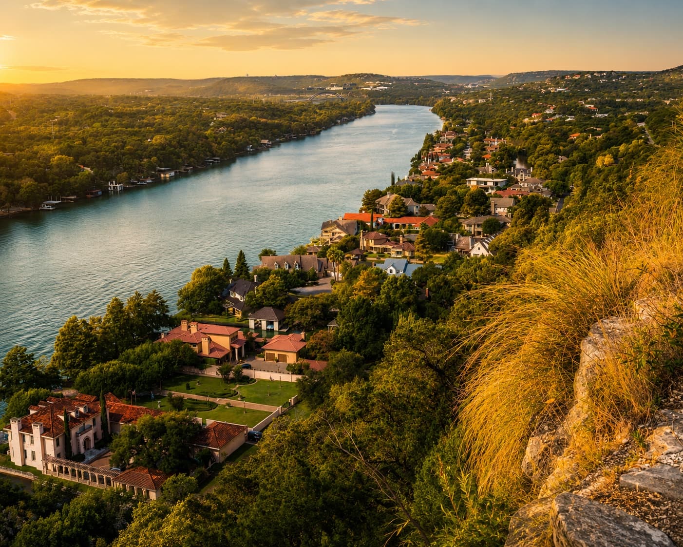 The wooded Hill Country and waterways of the greater Austin area at sunset