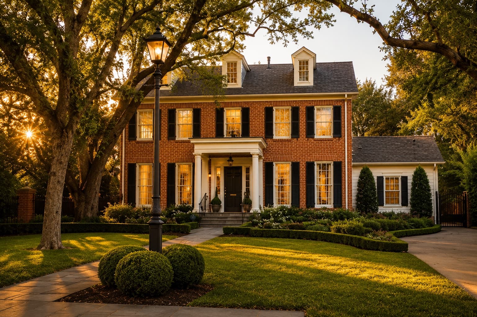 A new brick home with a lamp-lit walk at golden hour in a suburban Austin community