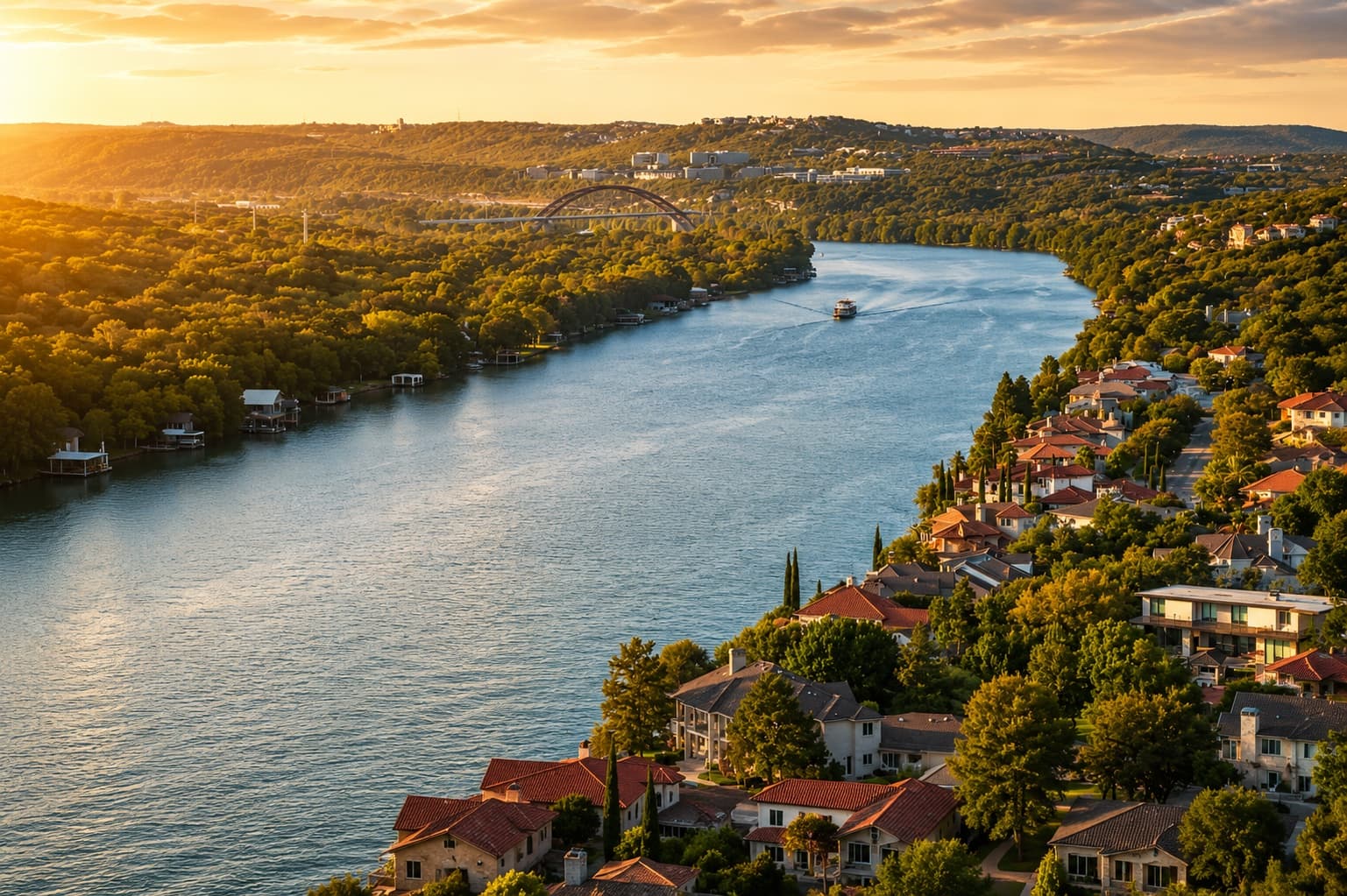 Rolling Texas Hill Country landscape at golden hour above the greater Austin metro where new home communities are built